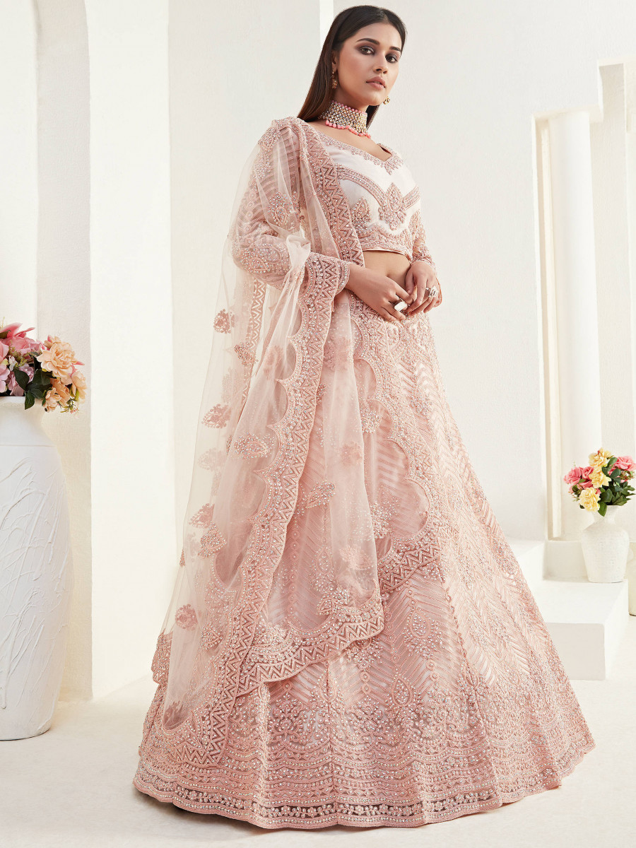 Peach Heavy Thread Coding Work Net Bridal Lehenga Choli<br>