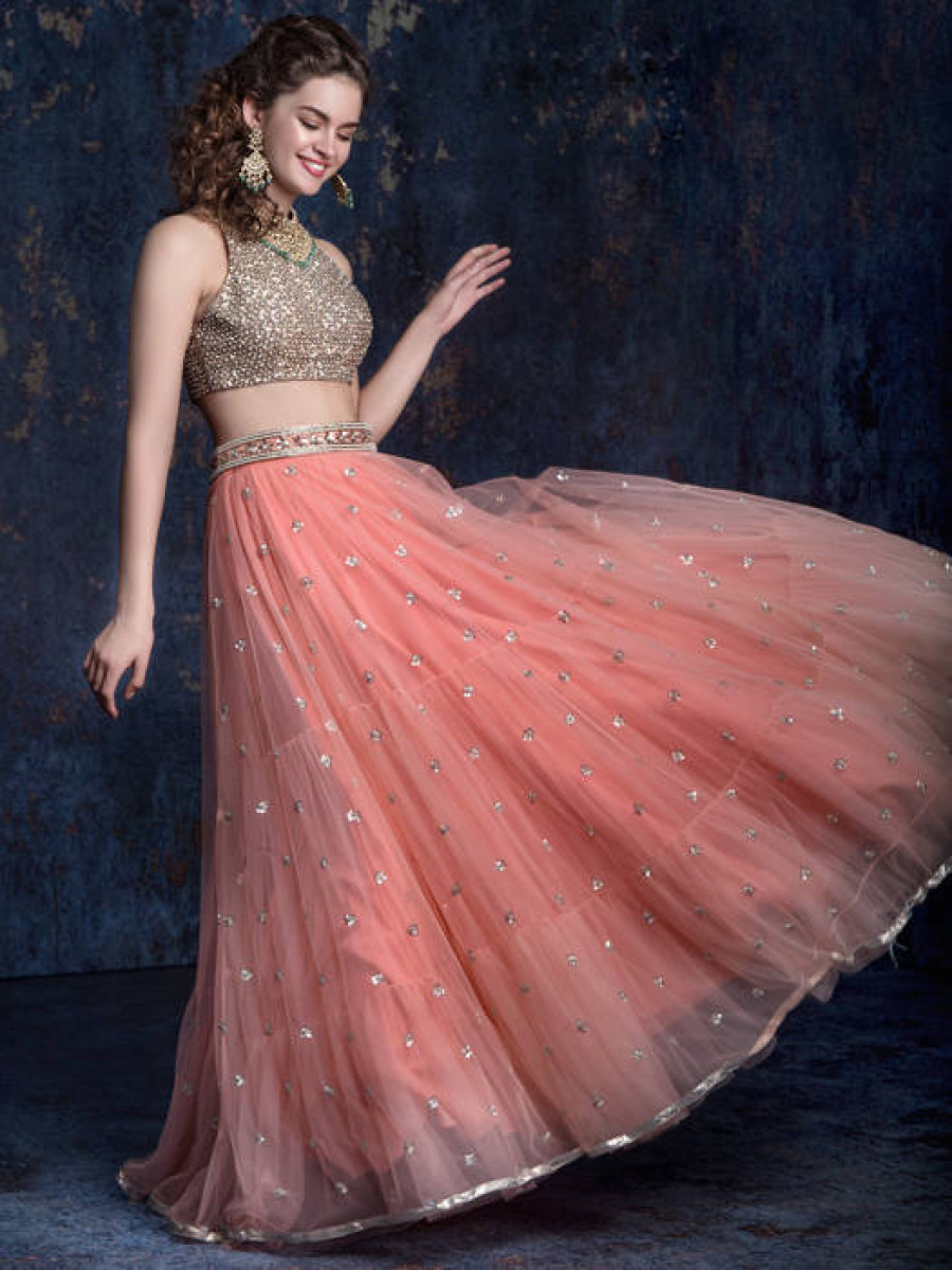 Peach Sequins Net Wedding Wear Lehenga Choli With Dupatta <br>